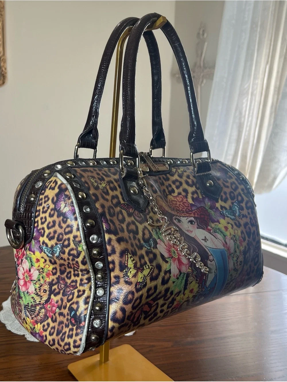 Nicole Lee Leopard Cowgirl Print Satchel Handbag - Brown, Pink, Blue